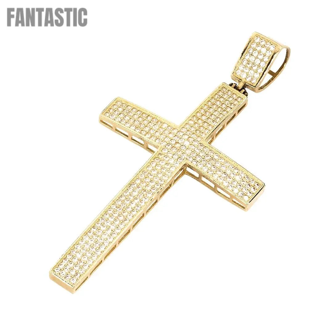 14K Gold CZ Big Cross Pendant Necklace